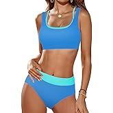 CiCiBird Women's High Waisted Bikini Set Sporty Color Block Bathing Suits Tummy Control Two Piece Swimsuits