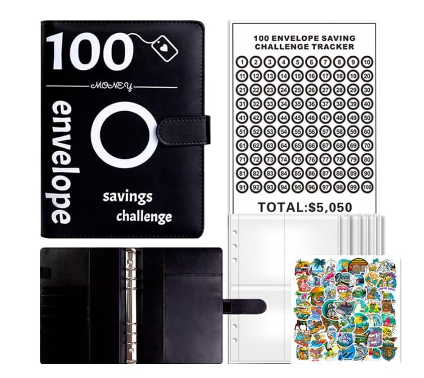 100 Envelopes Saving Challenge,Savings Book with Cash Envelopes Fun Budget Challenges for Money Easy Budget Binder Organizer for Couples Offices Home School (Black, Surfing)