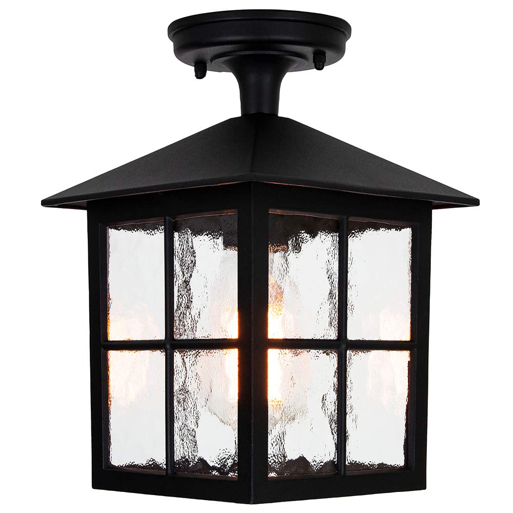 Happy Homewares Matt Black Die-Cast Aluminium Traditional Lantern Porch Ceiling Light Fitting IP23 Rated | 1 x 60w E27 | 28cm Height