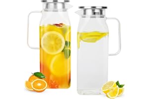 2 Pack (2 Liter 68 oz) Square Glass Pitcher with Lid and Spout, Easy Clean Heat Resistant, Borosilicate Glass Carafe for Hot/
