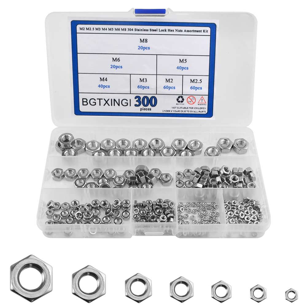 BGTXINGI 300pcs M2 M2.5 M3 M4 M5 M6 M8 304 Stainless Steel Hex Nuts Assortment Kit with Box