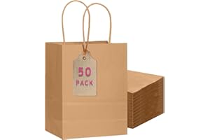 qiqee 50-Packs Brown Paper Gift Bags with Handles Bulk 11"x5"x8" Medium Size Paper Bags Multiple Uses(27x20x12cm,Medium Size)