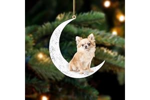 AMBEDO Long Hair Chihuahua Dog Sitting On The Moon Christmas Hanging Ornament, Chihuahua Dog On The Crescent Moon Ornament for Tree Decoration, Gift for Chihuahua Lover, 2-Sided Ornament for Christmas Tree