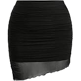 WDIRARA Women's Plus Size Ruched Bodycon Skirt High Waisted Mesh Asymmetrical Short Skirts