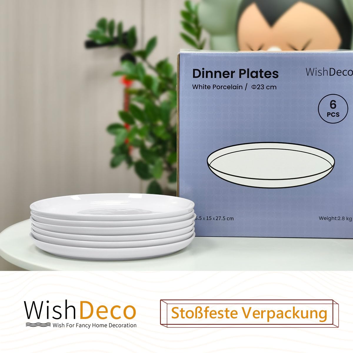WishDeco Keramik Teller 6er Set, Flache Speiseteller 23cm, Geschirrset Weiß, Porzellan Essteller, Dinner Plate für Salat, Pasta, Pizza 5