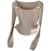 winkbay Women's Button Front Scoop Neck T Shirts Fall Long Sleeve Ribbed Knit Dressy Casual Tops