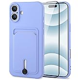 MZELQ TPU Wallet Compatible with iPhone 16 Case, Card Holder Camera Protection Cover + Screen Protector, Push-able Slot for Girls Women -Purple