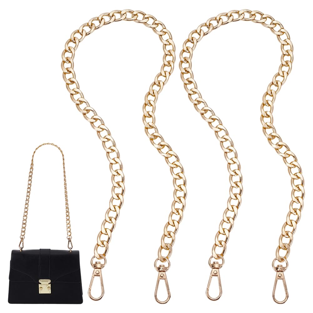 PH PandaHall 2 Strands 60cm Aluminum Bag Flat Chain Strap with Alloy Swivel Clasps Handbag Chain Straps Metal Bag Strap Replacement Purse Clutches Handles, Golden