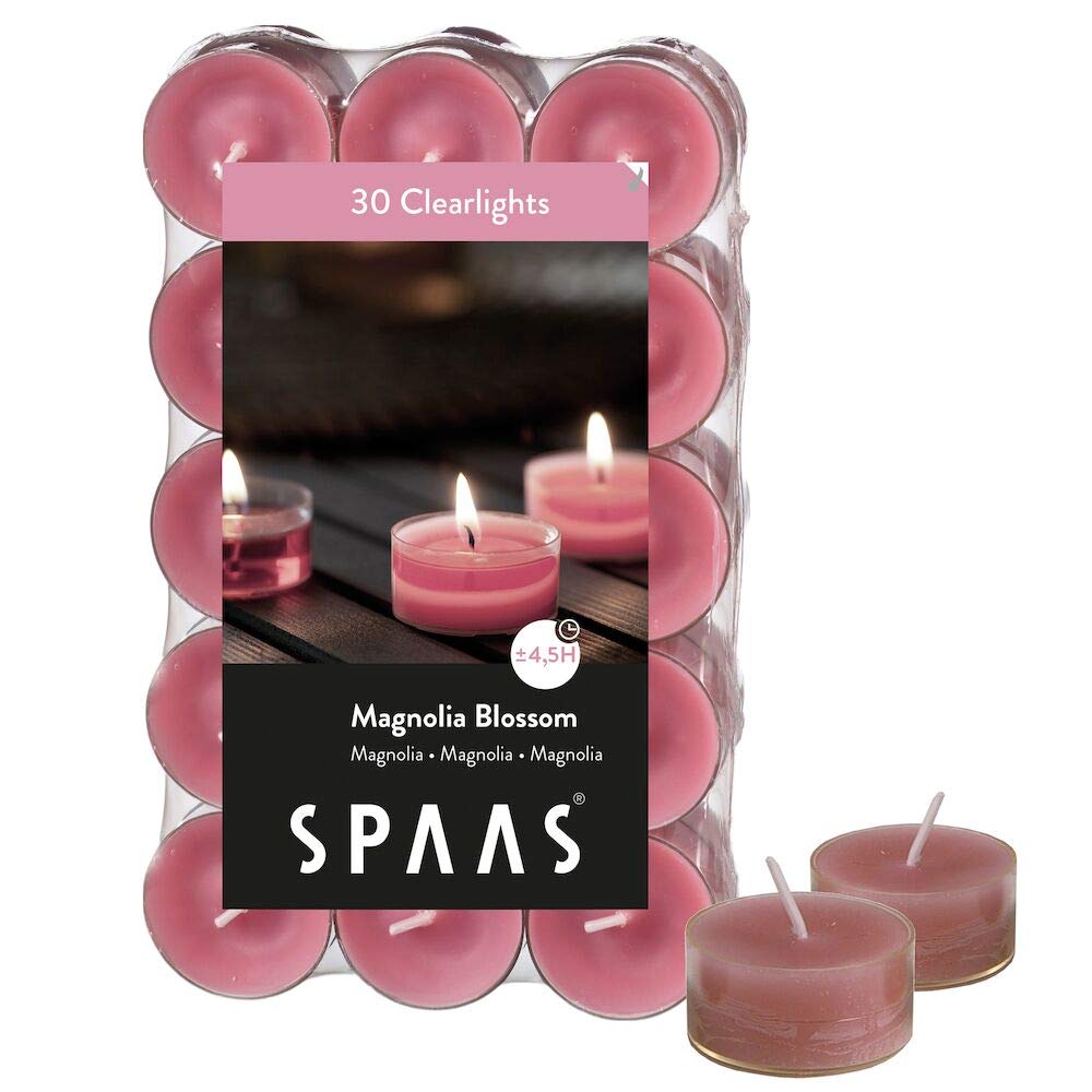 Spaas 30 Scented Clearlights, Tealights in Transparent Clear Cup, ± 4.5 Hours, Magnolia Blossom