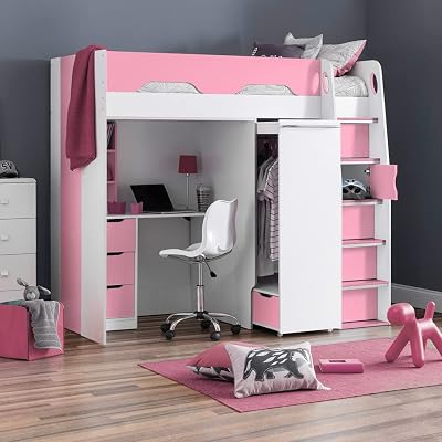 happybeds Pegasus High Sleeper Bed with Desk, Pink & White, 3FT