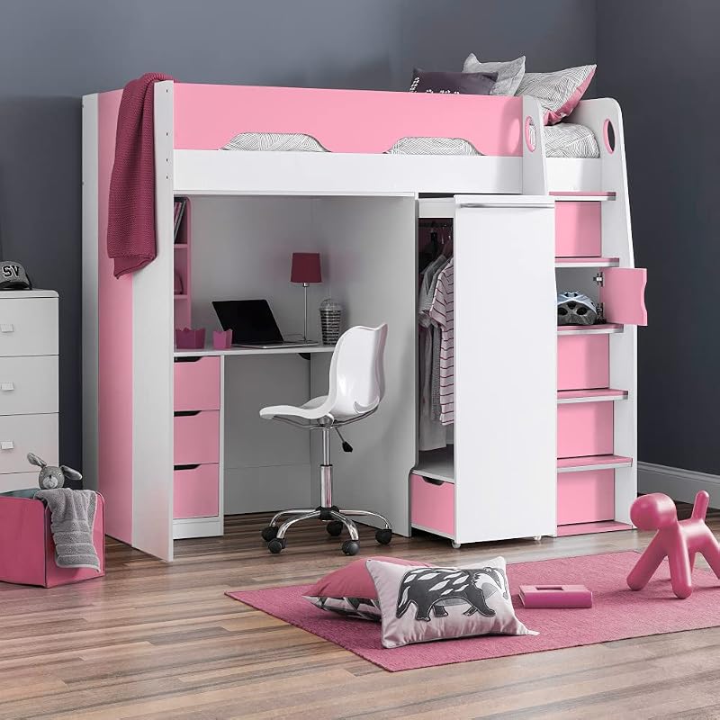 happybeds Pegasus High Sleeper Bed with Desk, Pink & White, 3FT
