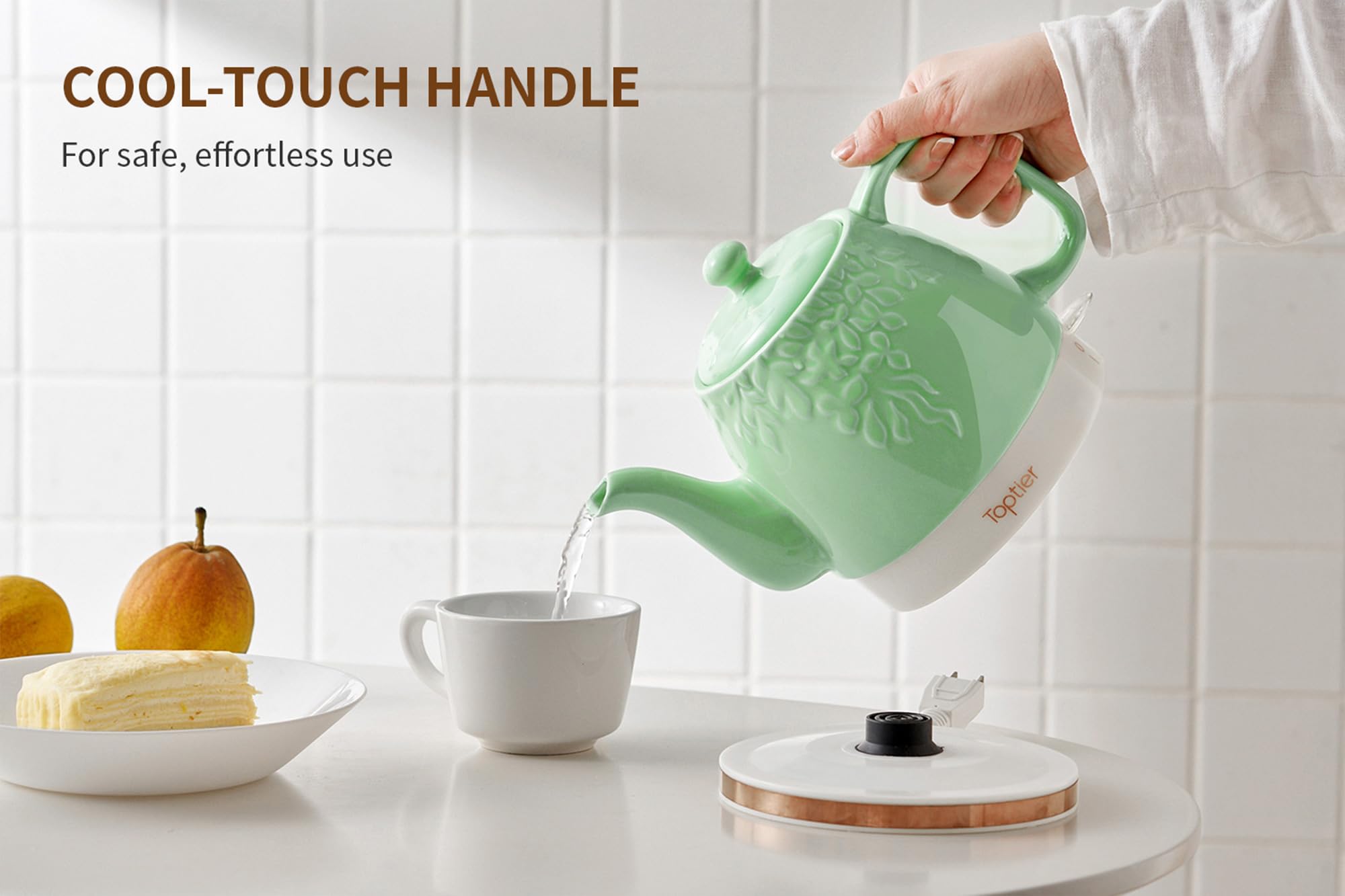 Toptier Electric Ceramic Tea Kettle, Boil Water Quickly and Easily, Detachable Swivel Base & Boil Dry Protection, Carefree Auto Shut Off, 1 L, Green Leaf
