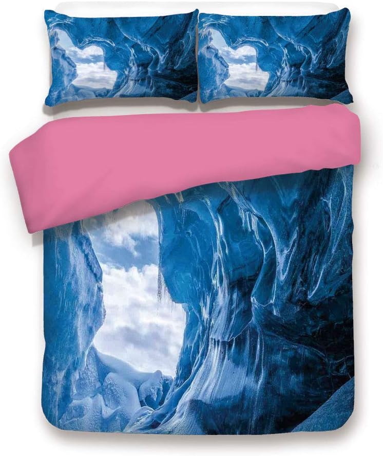 Natural Cave Decorations 3D Duvet Cover Set Glacier Frozen Chilled Den in Iceland Natural Odd Forms Nordic Scandinavian Image Quilt cover Oversized Super King,For Children Adult Room Decor Blue