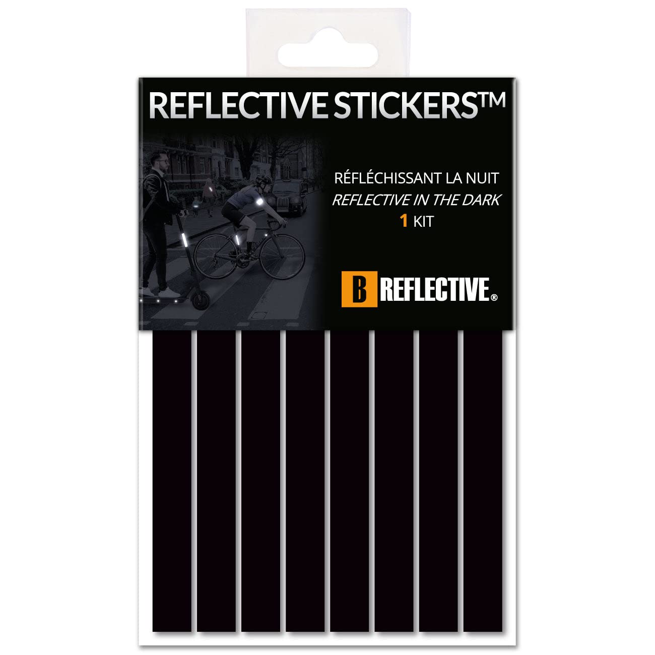 B REFLECTIVE 3M® LINES, Reflective Stripes Kit, Multi-Support: Bicycle, Electric Scooter, Motor Scooter, Electric Unicycle, 3M Technology™, 1x15cm, Noir