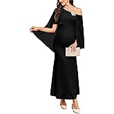 AISWI Cape Maternity Mesh Dress One Shoulder Maxi Mermaid Pregnancy Dress with Brooch Formal Baby Shower Photoshoot