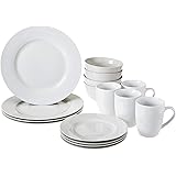 Amazon Basics 16-Piece Porcelain Kitchen Dinnerware Set with Plates, Bowls and Mugs, Service for 4 - White