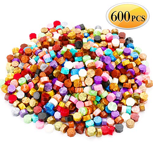 600PCS Sealing Wax Beads Packed in Plastic Box, with 2PCS Tea Candles and 1 PC Wax Melting Spoon for Wax Sealing Stamp (24 Colors)