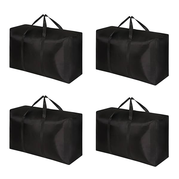 QINGXIANGZI EXTRA LARGE MOVING BAGS: 4 PACK STORAGE TOTES – WITH STURDY ZIPPERS AND WRAP-AROUND HANDLES FOR MOVING SUPPLIES AND SPACE SAVING – BLACK