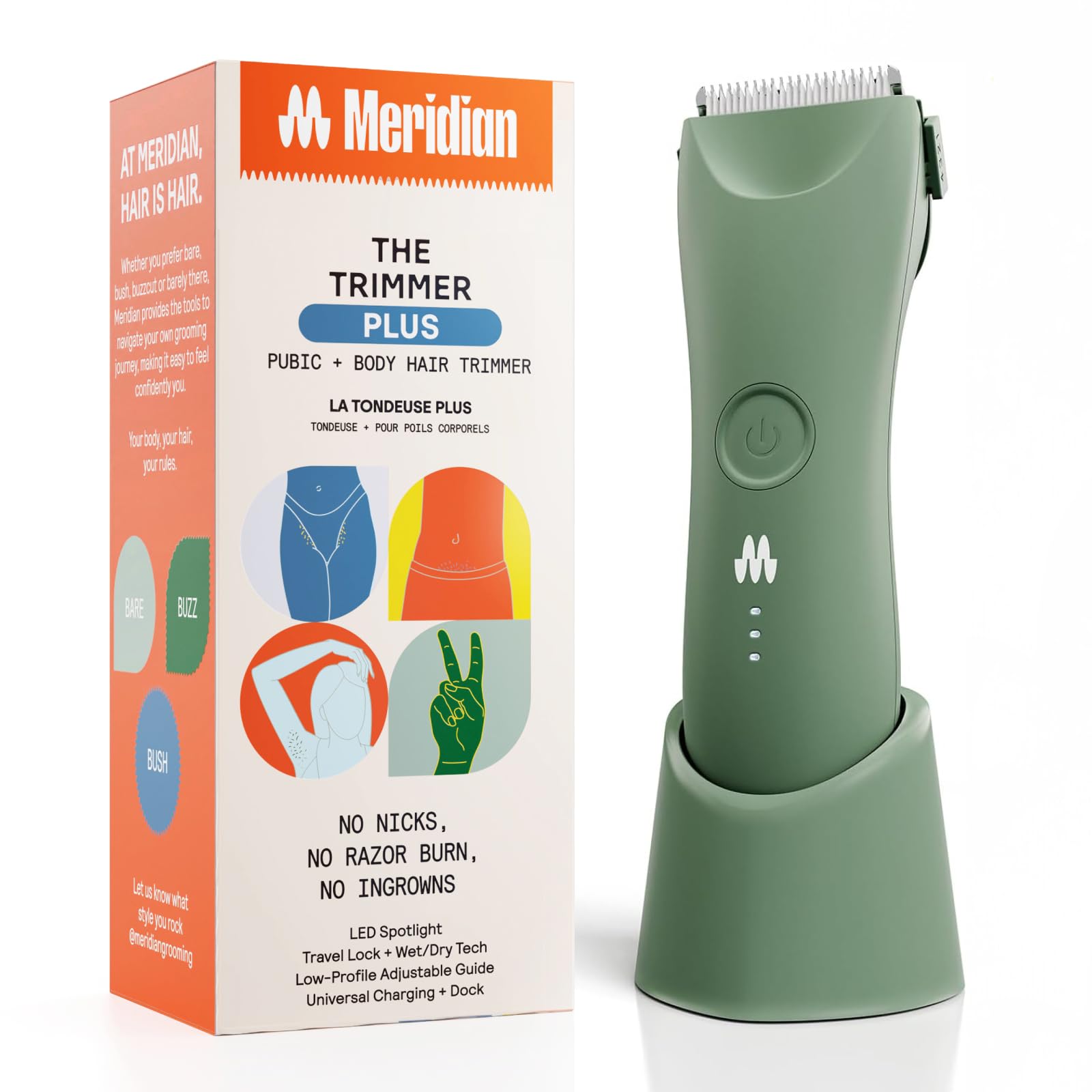 Meridian The Trimmer Plus, Body Hair Trimmer & Waterproof Electric Shaver for Men and Women for Pubic Hair, Chest, Legs & Bikini Line, UBS-C Cable & Charging Dock Included, Sage