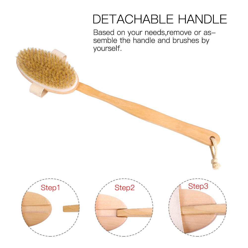 Longhandle Dry Skin Bath Body Brush - Detachable Boar Bristle Shower Brush with Grip for Elders Perfect for Cellulite and Exfoliating