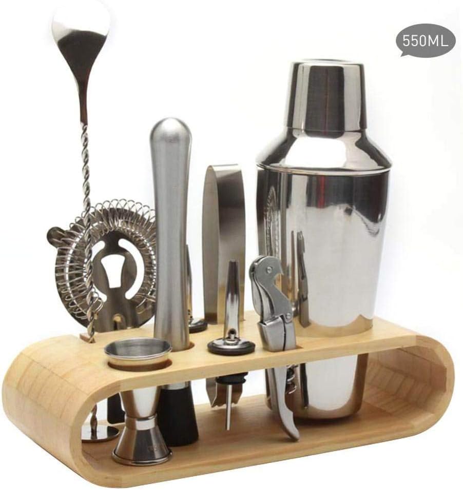 CHINABOS Multifunctional Shaker,Stainless Steel Drink Shaker Cocktail Bartender Tool,Cocktail Making Set,Oval Wooden Stand Base for various bartenders, bars, family parties,550ml