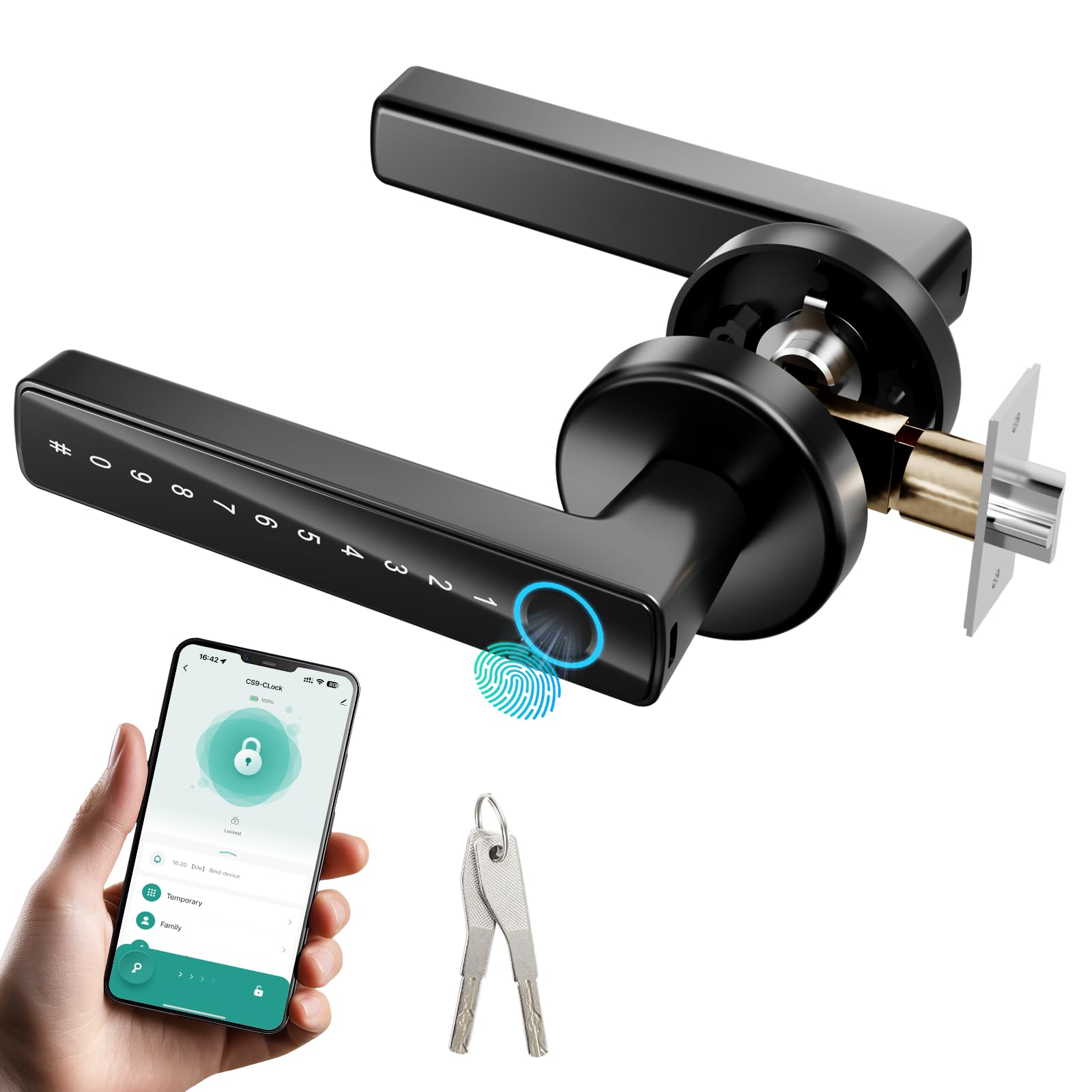 Photo 1 of ***stock photo for reference***Fingerprint Door Lock – Smart Door Knob with Keypad & App Control, keyless Entry Door Handle, 4-in-1 Biometric Smart Lock Handle for Front Door, Bedroom, Home, Office (Black)