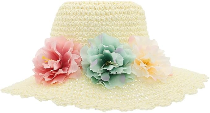 Amazon Eozy キッズ 麦わら帽子 子供 サマーハット 女の子 つば広 春夏 通学 旅行 サンバイザー 日よけ帽子 軽い 通気性 大きな花 海 夏 春 秋 リゾート B ホワイト 帽子 通販