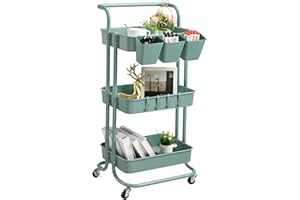 danpinera 3 Tier Rolling Utility Cart with Lockable Wheels & Hanging Cups & Hooks Storage Organization Shelves for Kitchen, Bathroom, Office, Library, Coffee Bar Trolley Service Cart, Granite Green