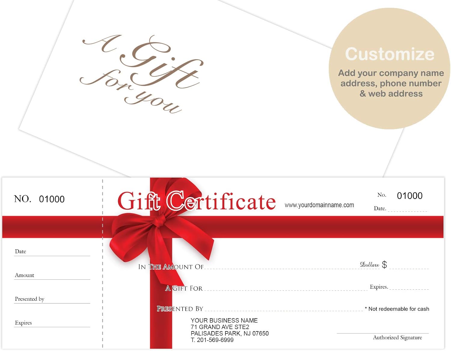 Custom Gift Certificates Cards with Envelopes 100 set -RED-RIBBON-Gift Coupons,Vouchers for Small Business,Spa,Makeup,Hair Beauty Salon,Restaurant,Wedding Bridal,Baby Shower,Holiday,Christmas,Birthday