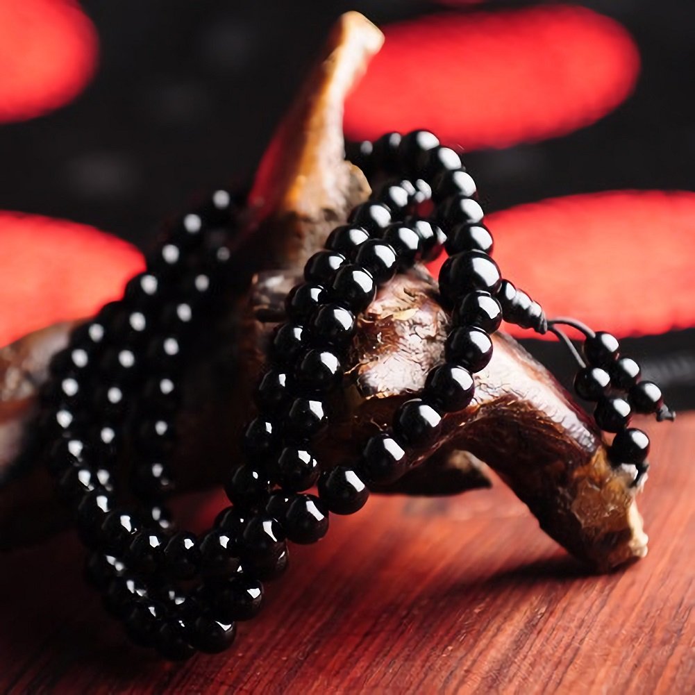 Bogo Arty 108 Obsidian Crystal Prayer Bead Multilayer Stretch Bracelets Tibetan Buddhist Meditation Mala Beads Bracelet Necklace (Black-8mm)