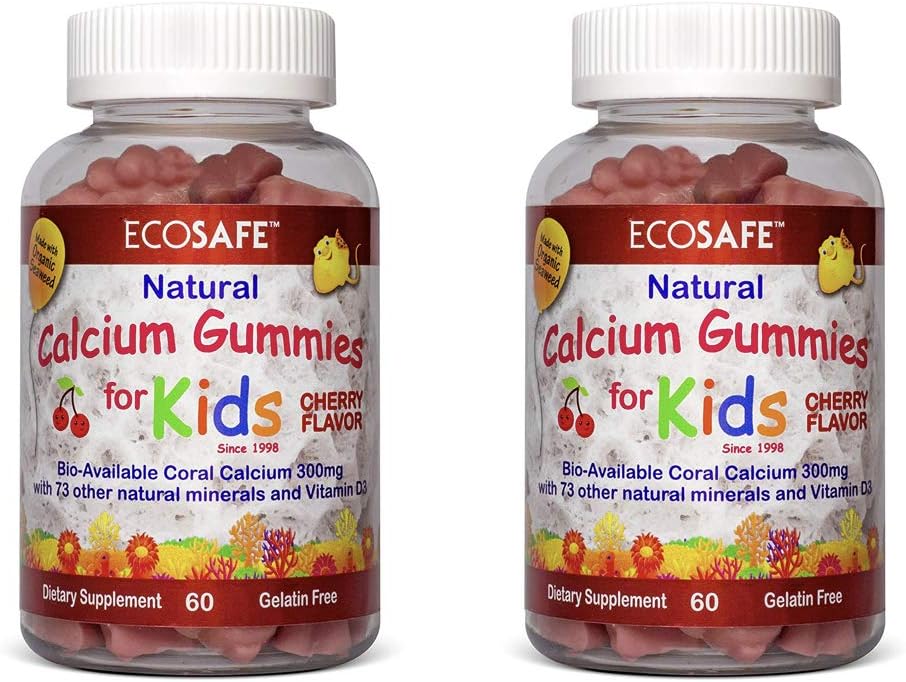 Coral Calcium Vitamin D3 Kids Gummy, Natural Cherry Flavor, Non GMO, Gluten-Free, Dairy-Free, Soy-Free and Gelatin Free - 300 mg of Calcium, and 500 IU of Vitamin D3-60 Gummies (2 Pack)