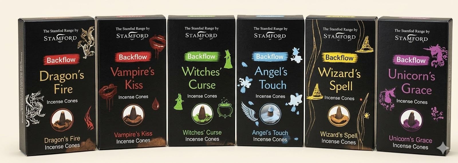 Stamford Magical World Backflow Incense Cones Set – 6 Fragrances (Wizard’s Spell, Unicorn's Grace, Dragon’s Fire & More) + JRose Trolley Coin Keyring – Relaxation & Gift Set