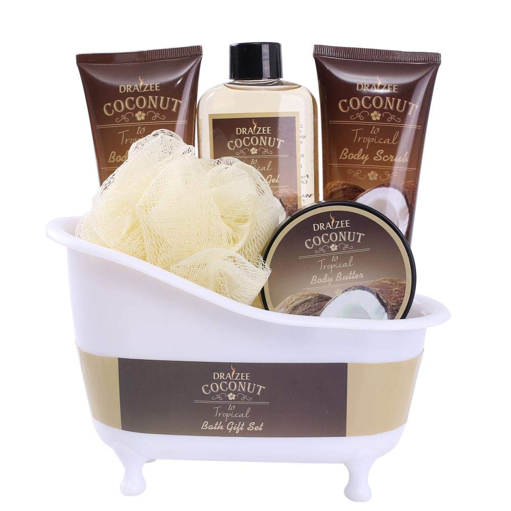 Draizee Luxury 5 Pcs Draizee Coconut Scented Spa Gift Basket for Women Bath & Body Set Lotion, Scrub & Butter, Shower Gel & Puff, Self Care Gifts for Mom