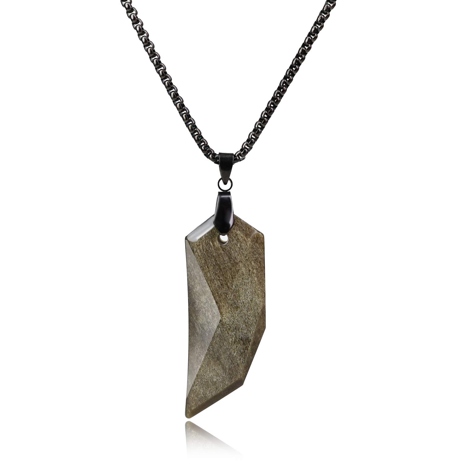 COAI Men's Golden Sheen Obsidian Wolf Necklace, 24" Stainless Steel Box Chain, Viking Wolf Tooth Pendant — image 1
