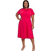 London Times Womens Women's Bow Neckline A-line Midi - Short Sleeve Evening Party Cocktail Dress