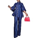 JEKYUARA Casual Denim 2 Piece Outfit for Women - 3/4 Sleeve Button Down Shirt + Wide Leg Pants Sets Plus Size Sweatsuits Set