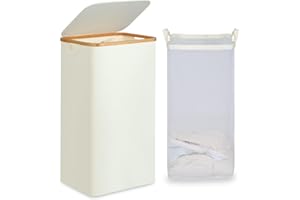 efluky Laundry Basket with Lid and Removable Bag, 100L Tall Laundry Hamper with Bamboo Handles, Aesthetic Dirty Clothes Bin for Laundry Room, Bathroom, Bedroom and Dorm, Beige