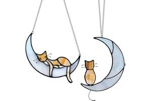 MELODY FANTASY 2 Pack Orange Tabby Cat Decor Cat Memorial Gifts Cat Suncatcher for Window Hanging Cat Gifts for Cat Lovers for Women Cat Remembrance Gifts Loss of Cat Sympathy Gift Cat on Moon Decor