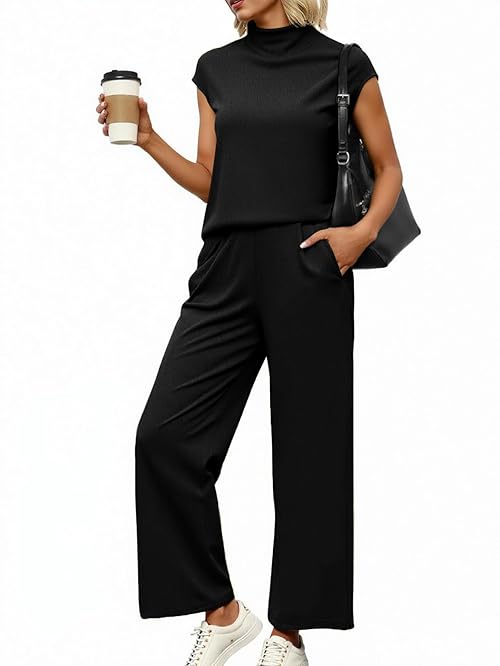 AiMgFUN 2 Piece Sets For Women Summer 2025 Outfits Lounge Sets Pullover Tops Wide Leg Tracksuits With Pockets Black-M