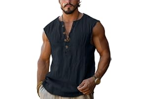 Men's Cotton Linen Tank Tops Sleeveless Henley Shirts Summer Beach Casual Button Up Blouses Undershirts