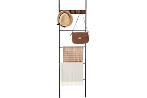 VASAGLE Blanket Ladder, 5-Tier Ladder Shelf, Decorative Ladder with 4 Removable Hooks, Metal Frame, Industrial Style, Rustic 