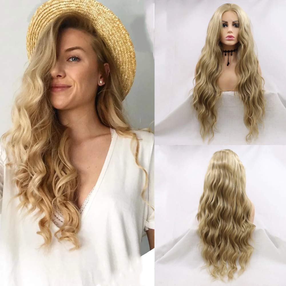 Xiweiya 24# Blonde Wig Long Curly Sytnhetic Medium Blonde Lace Front Wigs Middle Part For Women Natural Looking Glueless Wig Heat Resistant Fiber Hair for Drag Queen Daily Wear 24inch โ image 1