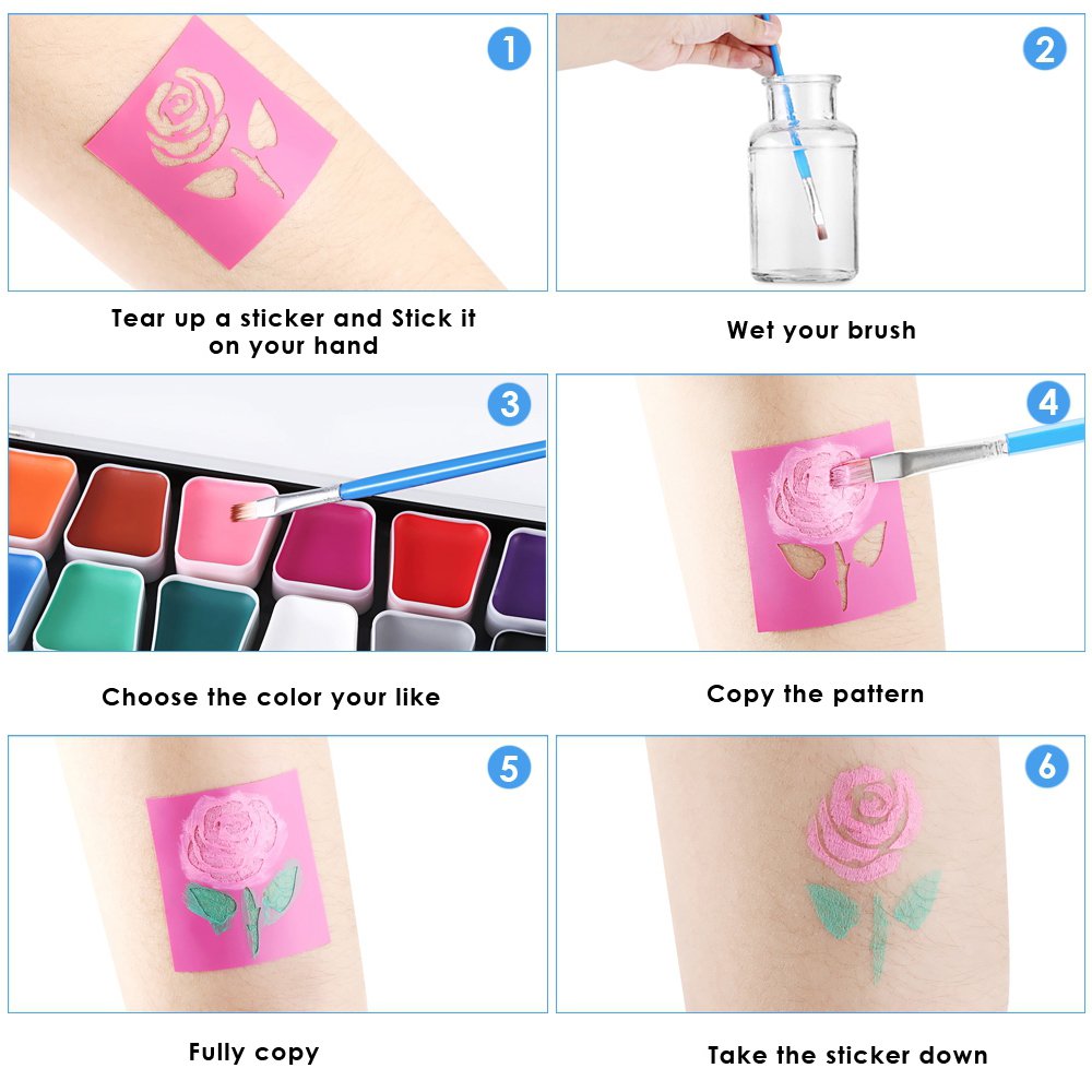 Mieutoy Face Paint Set - 16 Color Washable Eco-friendly Body Paint Make-up Oil Painting Palette Color Panels with 3 Brushes, 2 Stickers, Halloween Decorations for Adults & Kids Party