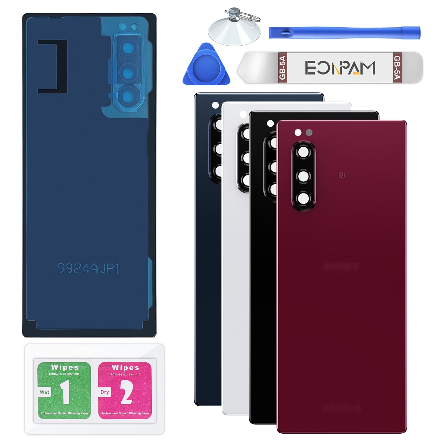 Eonpam Back Cover Glass for Sony Xperia 5 Rear Glass Replacement with Camera Lens + Repair Kit Rear Housing (Red)