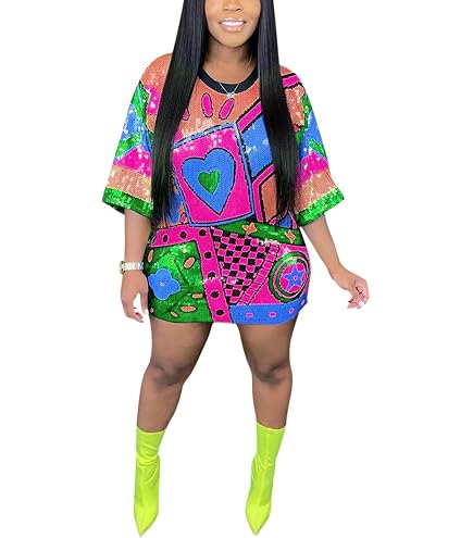 ENOPINK Womens Sequin Shirt Dress Letter Print Birthday Dress