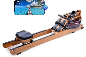 TOPIOM Water Rowing Machine for Home Use, Oak Wood Rower Machine with Dedicated Monitor & Bluetooth App, Upgraded Handle, Adjustable Footpad, Tablet Holder Water Rowing Machine