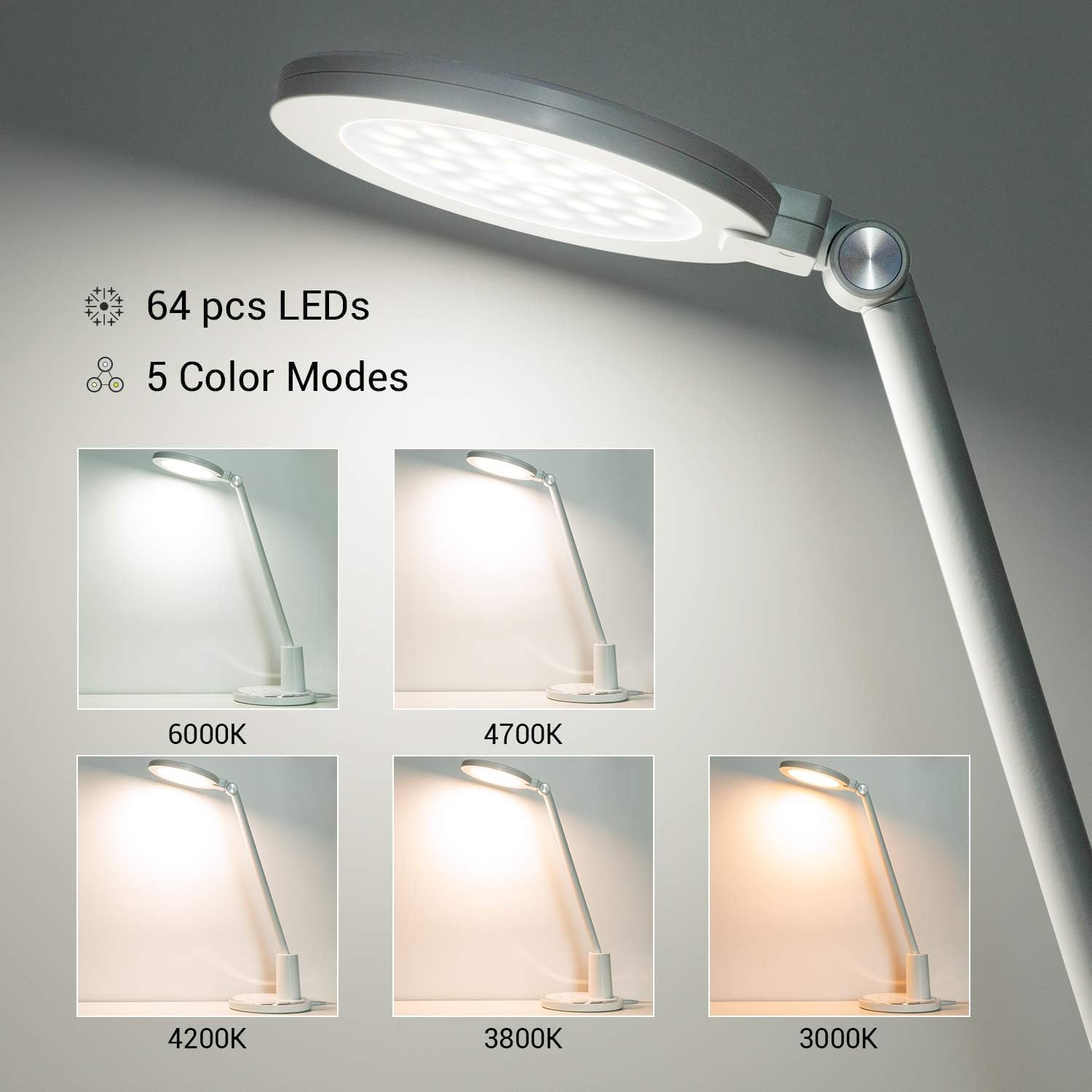 Desk Lamp, JUKSTG 64 pcs LEDs Eye-Caring Table Lamps, 10 Brightness Levels with 5 Lighting Modes LED Desk Light, Dimmable Office lamp with Touch-Sensitive Control, 12 W Reading Lamp, White - - 