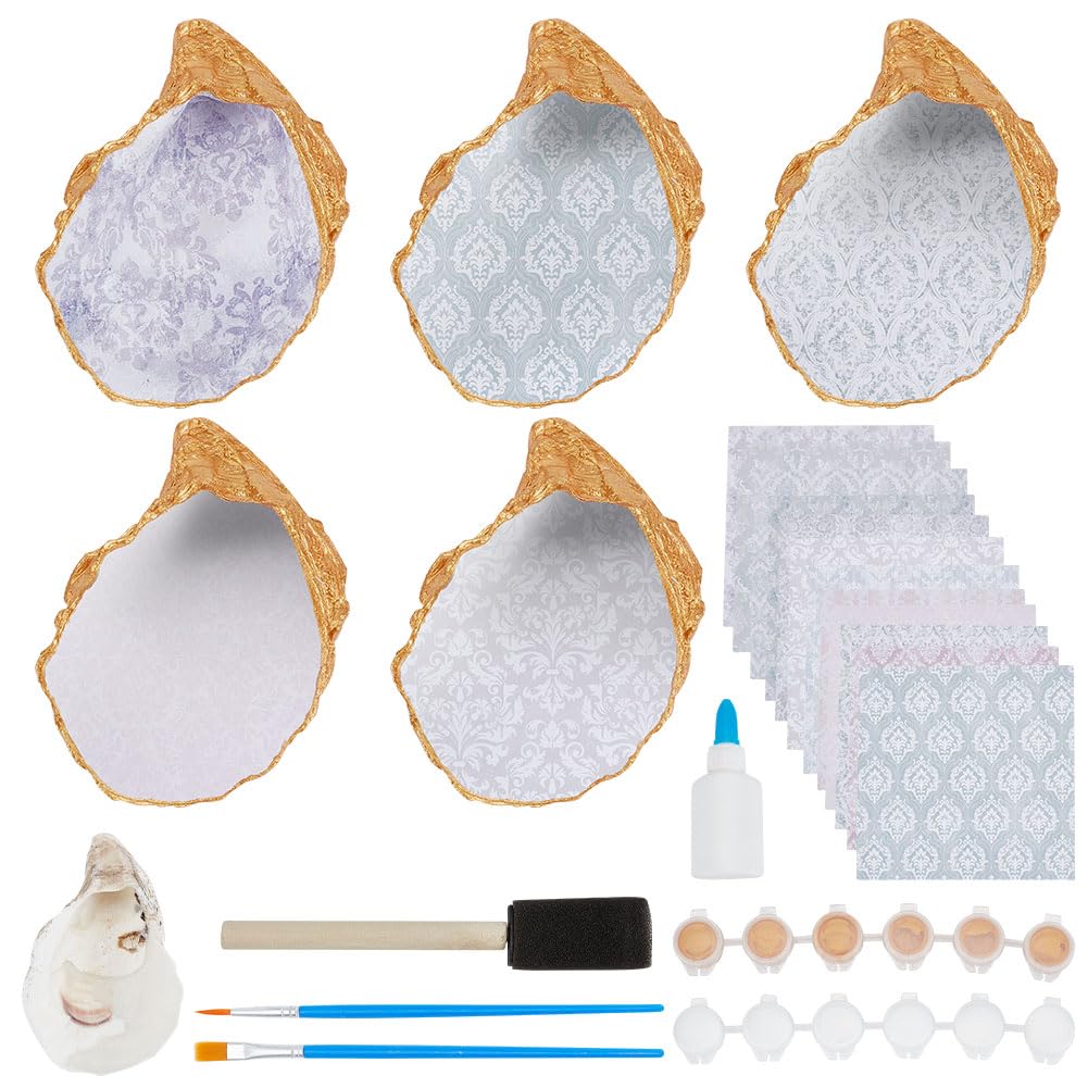 WEBEEDY DIY 5 Sets Oyster Shell Jewelry Tray Ring Display Holder Shell Celadon Pattern Trinket Dish Jewelry Organizer Craft Kit for Adults