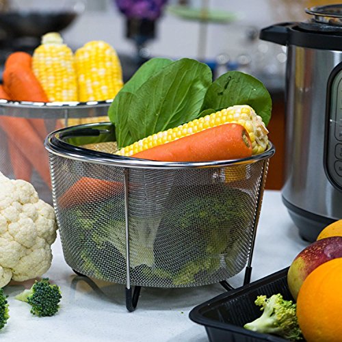 Instant Pot Steamer Basket 6 Quart 8 Quart + Free Cooker Times and Diswashing Sponge,304 Stainless Steel Steamer Insert with Silicone Covered Handle, Great for Steaming Vegetables Fruits Eggs
