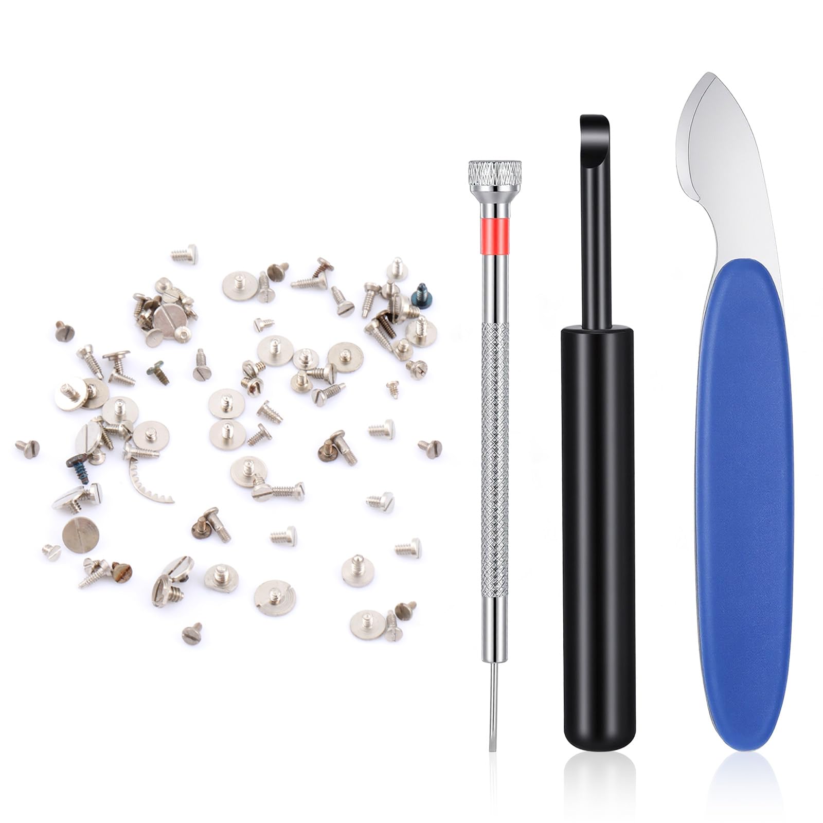 Photo 1 of 100 Pcs Watch Screws, Watch Battery Clamp Screw Replacement with Watches Back Remover Tool and Screwdriver Watches Repair Kit for Replacing Old Battery Clamp Screws Watchmaking